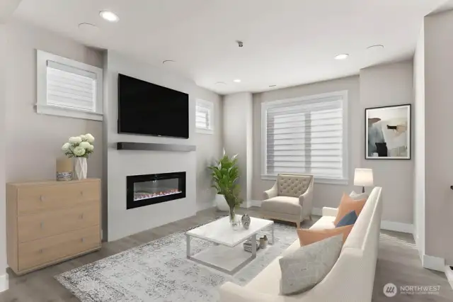 Virtual staging.  Lots of light in the family room.  Surround sound speakers in ceiling included!