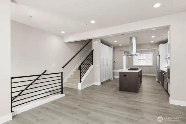 Hardwoods throughout out the main floor and modern metal railings