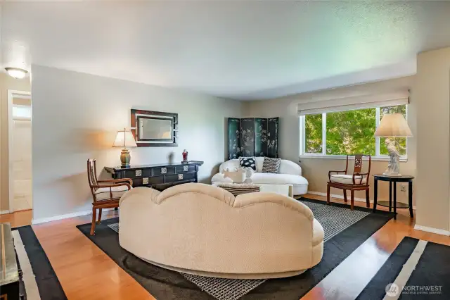 Generous living room area with dual closets and laminate flooring.