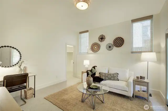 Lower level bedroom room with closet and high ceilings, could be used as guest room, office, music room, etc.