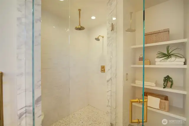 Large walk-in shower with Bedrosian tile and double shower heads