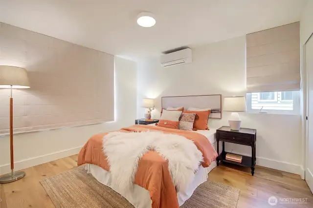 Upper level bedroom #2 with mini-split, remote controlled blinds and built-in closet