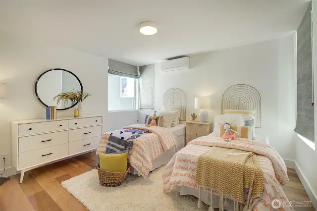 Upper level bedroom #3 with mini-split and built-in closet