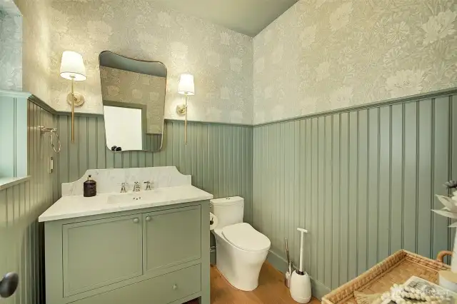 Main floor bathroom featuring William Morris Co wallpaper, Farrow and Ball paint, Carrara marble and Fuller fixtures