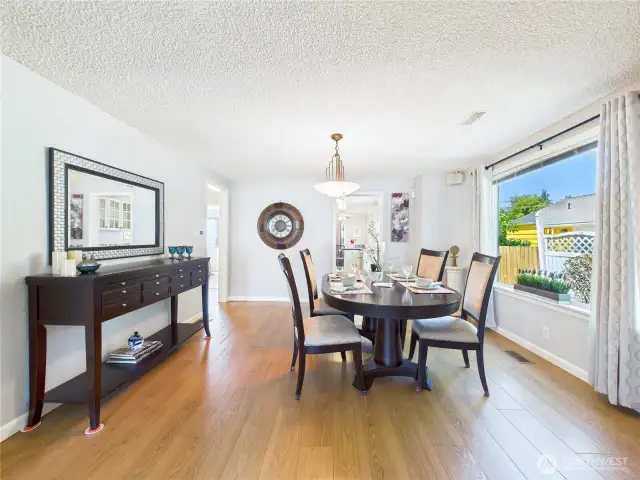 The dining room is oversized and can house many guests for dinner.