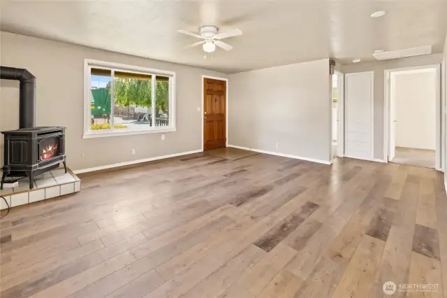 The gas stove heats the living room and bedrooms!