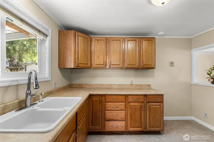 Kitchen looking out to Backyard