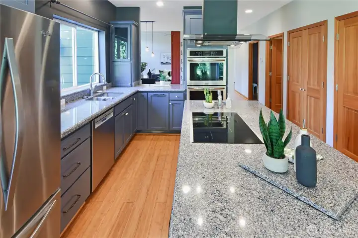 Spacious chef’s kitchen with oversized granite island, stainless appliances, and seamless single-level flow. I love the pantry space in these 4 double door pantries to the right in this photo.