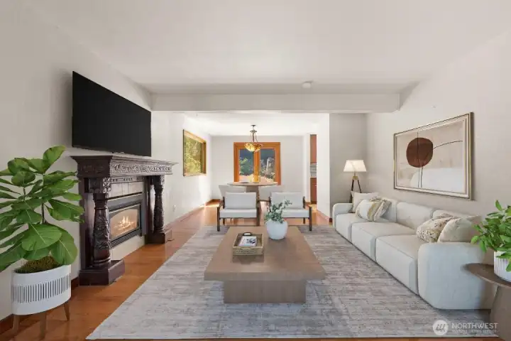 Virtually staged formal living open to Dining room w/loads of natural light & beautiful nature views