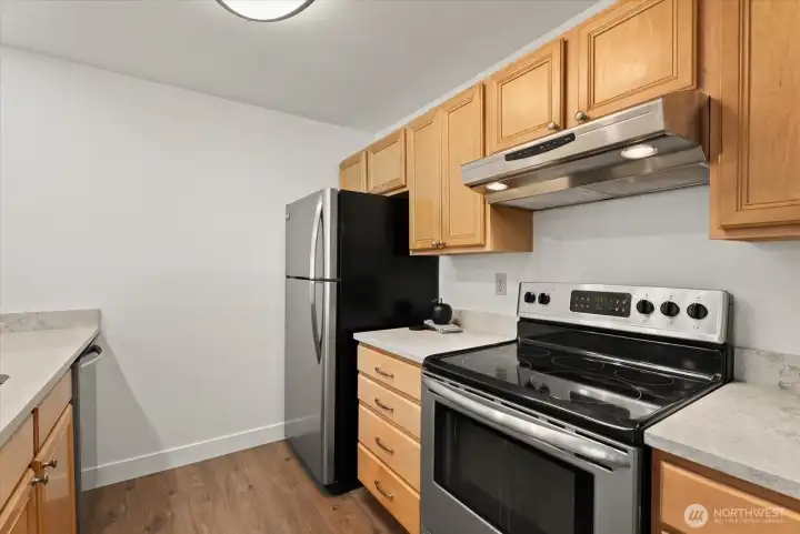 Stainless steel kitchen appliances.