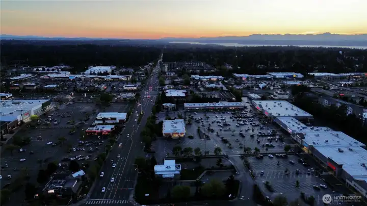 The Commons shopping and entertainment center at sunset.