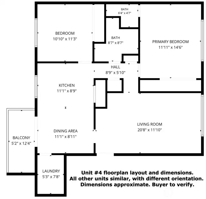 Floor plan. All units similar, with different orientation. Dimensions aproximate. Buyer to verify.