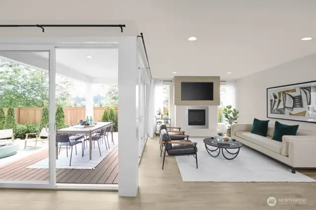 Great Room lined by oversized doors providing access to the Signature Outdoor Room. Facade, Ext Colors, Interior Photos & Floor Plans for illustrative purposes only. Actual Facade, Ext Colors, Interiors & Floor Plans may differ.