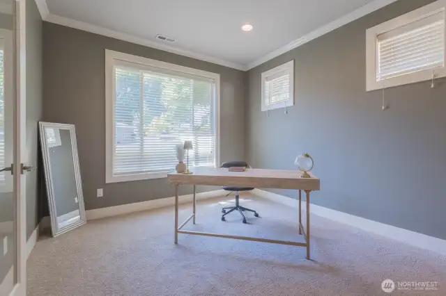 Main floor den with large walk in closet, light filled space to work from home utilizing the available high speed internet