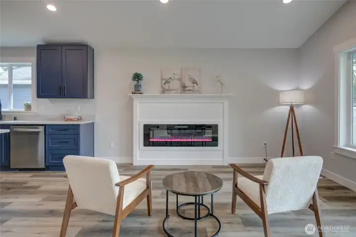 Energy efficient electric fireplace with white custom mantle