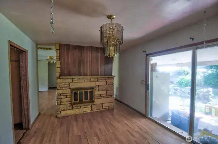 Dining room with fireplace.