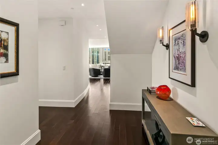 gracious entry with one touch all on or away lights and auto shades