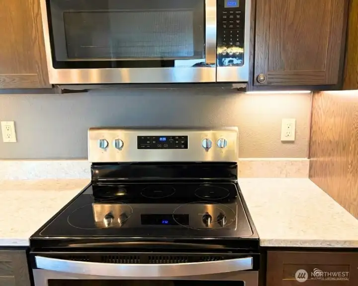 Stainless steel glass-top stove on quartz counters