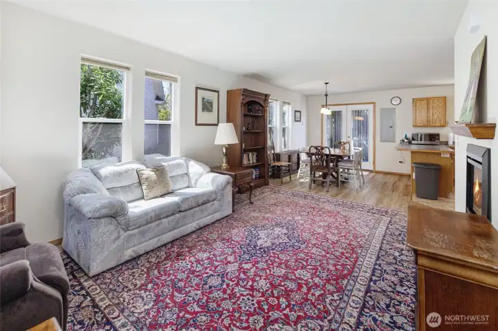 Front entry to living room and dining area