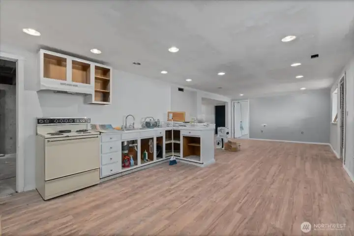 Partially finished downstairs kitchen.