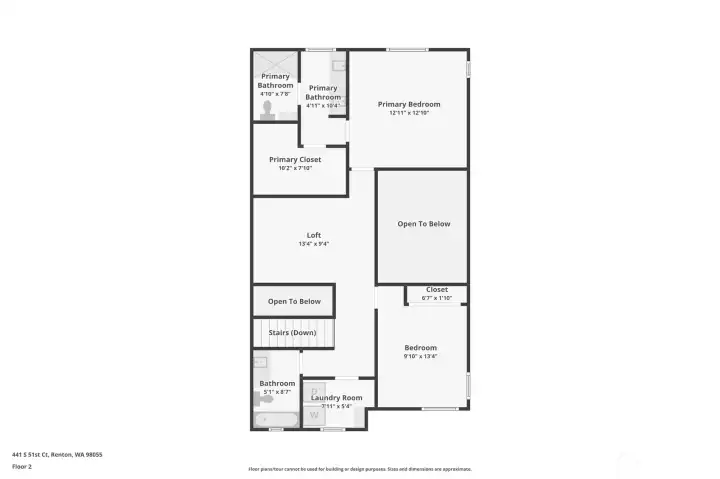 All bedrooms are located upstairs for separation from the main living area. The primary suite includes an en-suite bath and a walk-in closet. Secondary bedroom sits on the opposite side of the floor near a full bathroom. Central loft overlooks the living space below, offering a flexible bonus area. Laundry is also located on this level for added convenience.
