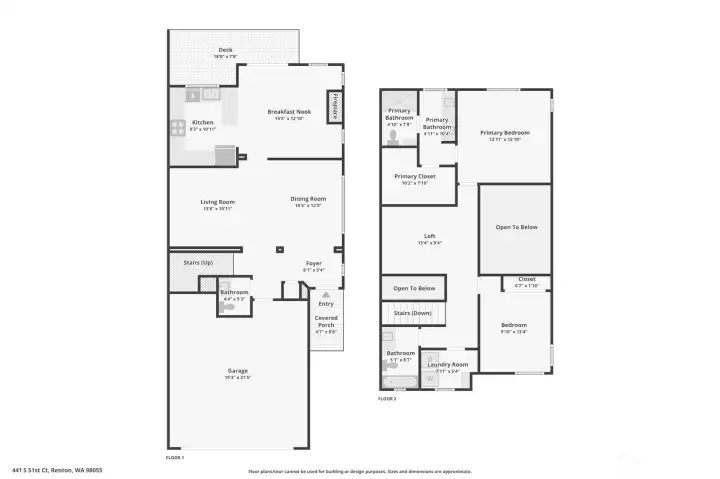 Two-story layout with main living spaces on the lower level and all sleeping quarters upstairs. Open-to-below design adds vertical connection between floors, while the loft creates additional usable square footage. Efficient circulation between kitchen, dining, and living areas, with clear separation of private and shared spaces.
