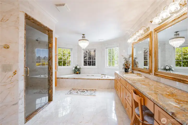 Spa like primary Bath! Elegant chandelier, large soaking tub, walk in shower with double shower heads, double vanites.