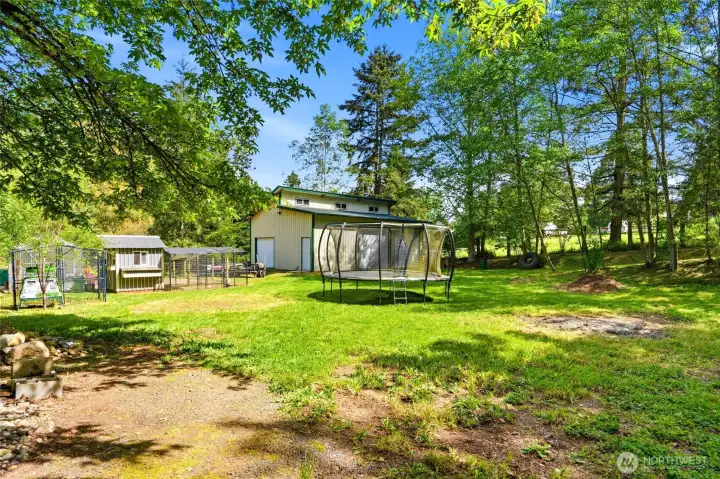 Expansive backyard with open lawn, mature trees, and usable acreage—perfect for outdoor living, recreation.