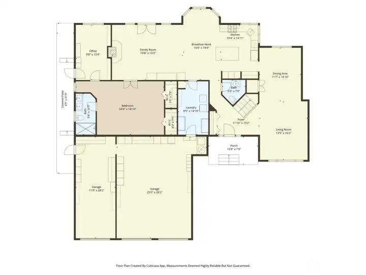 Main level floor plan - showing main level primary suite with it's own 3/4 bath & office