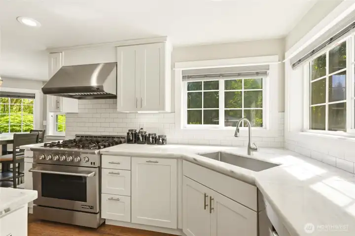 Chef’s kitchen featuring upgraded appliances, extensive counter space, and bright window views.