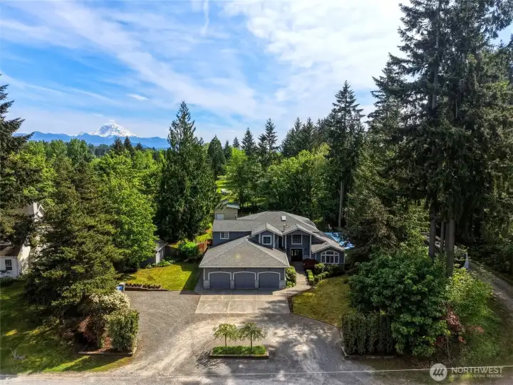 Aerial view highlighting the private driveway, surrounding trees, and secluded setting of this Enumclaw property.