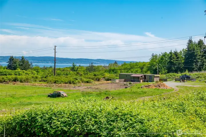 Looking out over property towards converted "hay-barn" for the horses.