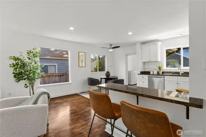 Kitchen bar seating for additional hangout + dining space.