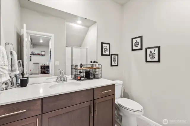 Lower level bath has trending finishes and just off the lower level guest suite.  This is one of 3, 3/4+ baths in the house.