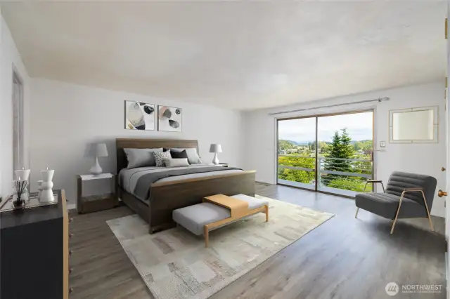 Primary bedroom with views and abundant natural light. A closet that spans the wall to the right, and a walk-in closet to the left.