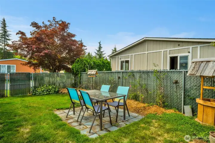 Side yard in the fenced backyard