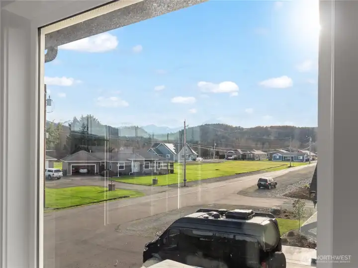 Mountain view from primary bedroom's reading nook/sitting area.
