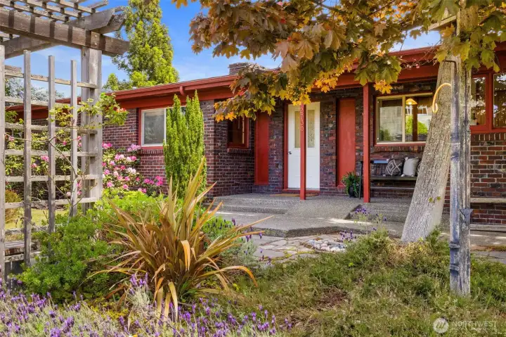Front yard with mature landscaping