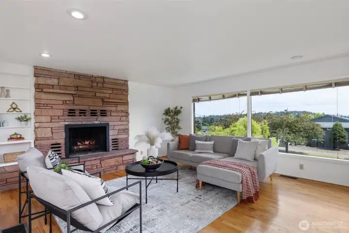Living room with wood burning stove insert