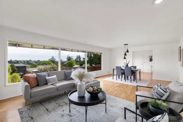 Living room looking out to the Cascades mountains