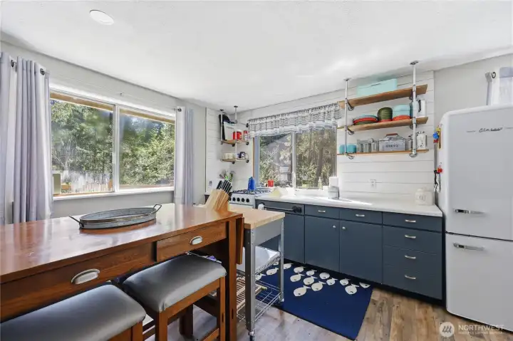 Kitchen with propane range and solar powered fridge