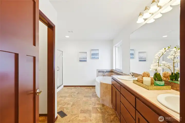 Spacious primary bath featuring a soaking tub, separate shower, and a walk-in closet.