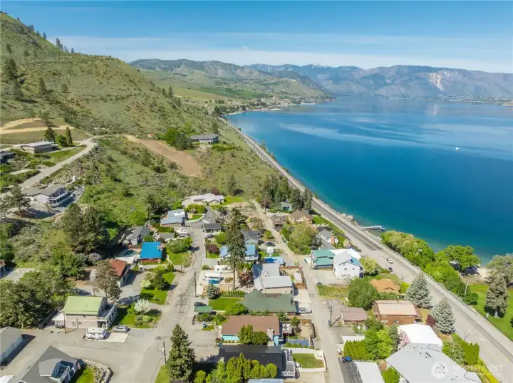 Aerial view 3 of home in the Lakeside neighborhood overlooking Lake Chelan. Aerial view 3 of home in the Lakeside neighborhood overlooking Lake Chelan.