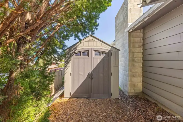 Exterior view of outdoor storage shed. Exterior view of outdoor storage shed.