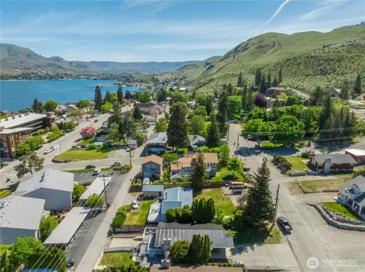 Aerial view of home in the Lakeside neighborhood overlooking Lake Chelan. Aerial view of home in the Lakeside neighborhood overlooking Lake Chelan.