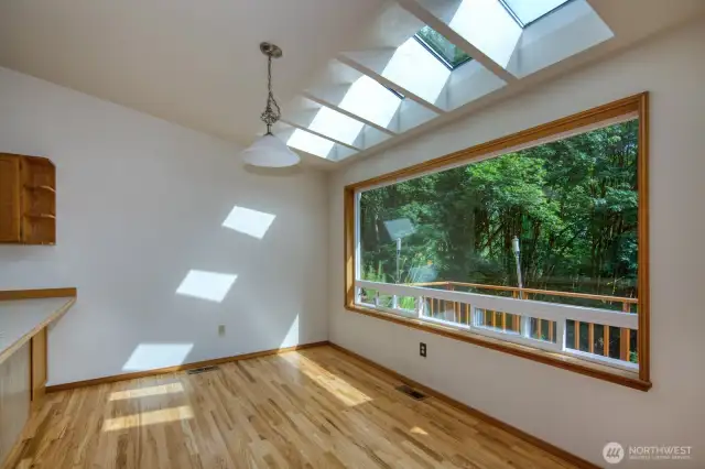 Skylights illuminate the dining room.