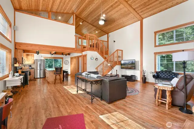 Entry into the guest house.  Hardwood flooring throughout the main level and beautiful wood, vaulted cellings.