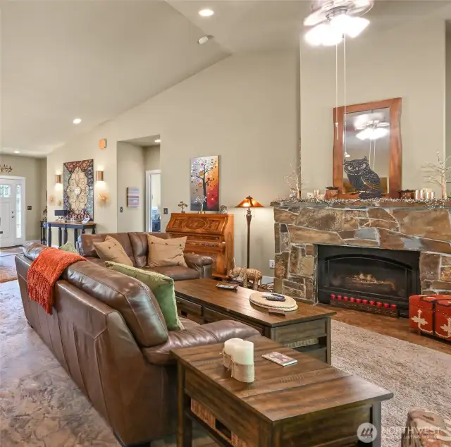 The living room fireplace sets the ambiance