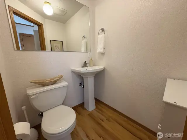 The main-level half bath offers a large mirror, a sleek pedestal sink, and a compact storage cabinet—blending style and convenience for guests and daily use.