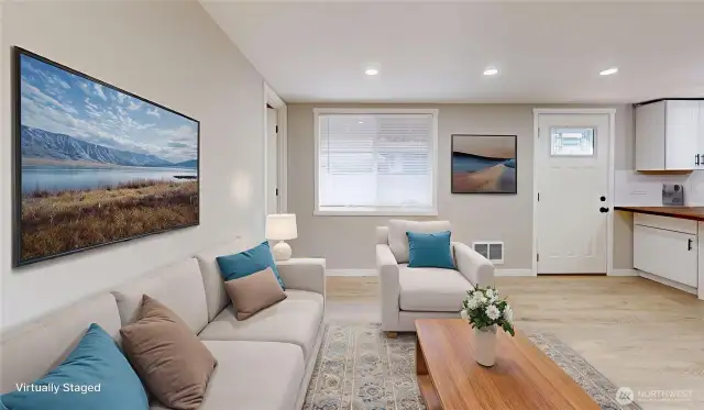 Virtually staged great room.